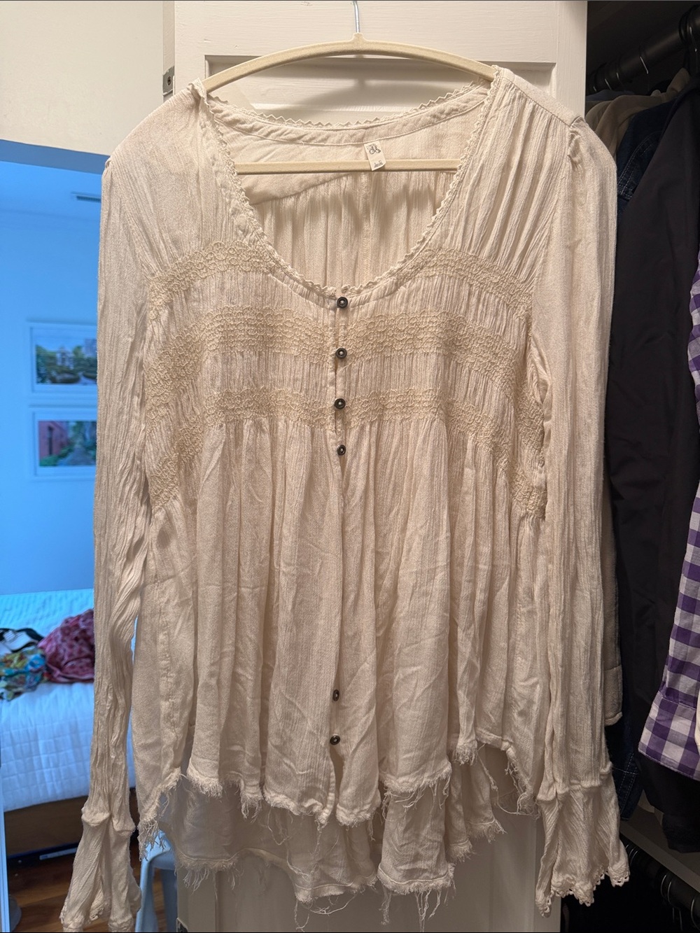 Free People Boho Cream Button-Front Peasant Top L